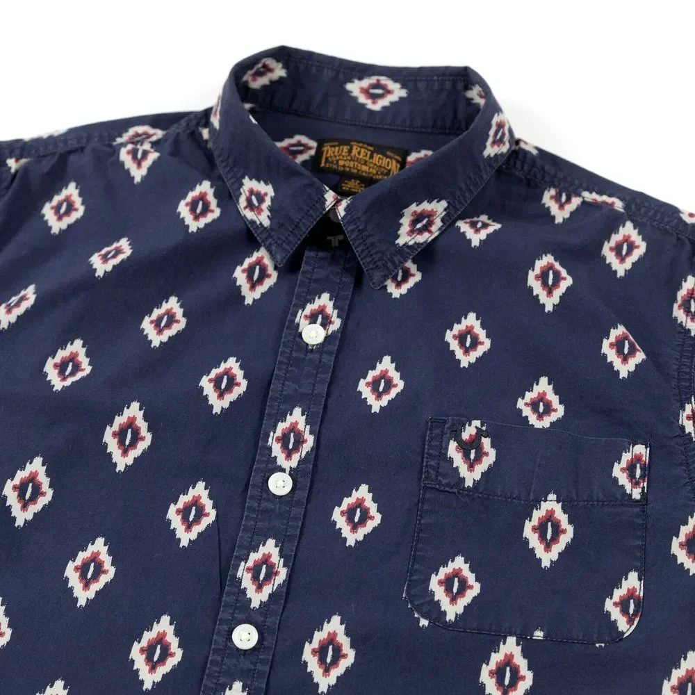 True Religion Aztec Western Poplin Short‎ Sleeve Button Up Shirt Men's Small